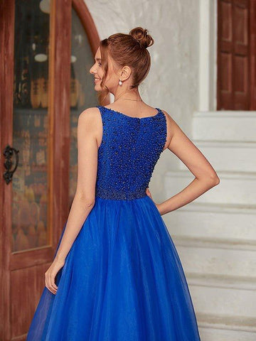 NumberSea - A - Line/Princess Organza Beading V - neck Sleeveless Floor - Length Dresses