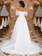 NumberSea - A - Line/Princess Organza Ruched Off - the - Shoulder Sleeveless Sweep/Brush Train Wedding Dresses
