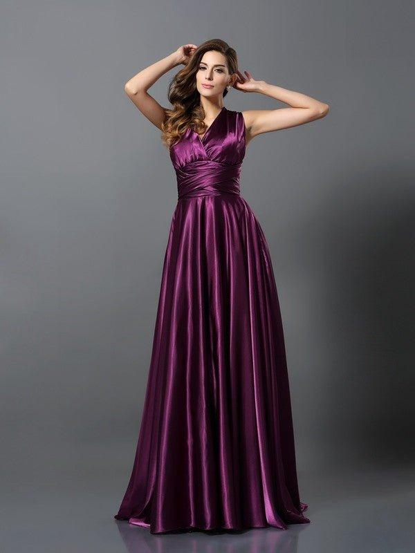 NumberSea - A - Line/Princess Pleats Sleeveless Long Silk like Satin Convertible Bridesmaid Dresses