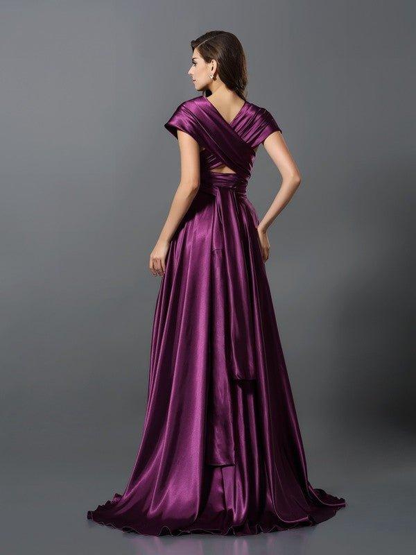 NumberSea - A - Line/Princess Pleats Sleeveless Long Silk like Satin Convertible Bridesmaid Dresses