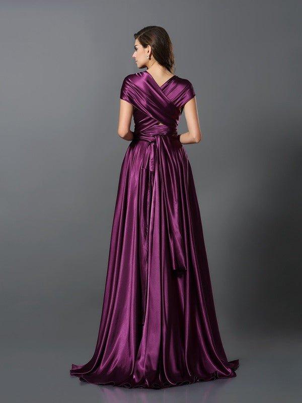 NumberSea - A - Line/Princess Pleats Sleeveless Long Silk like Satin Convertible Bridesmaid Dresses