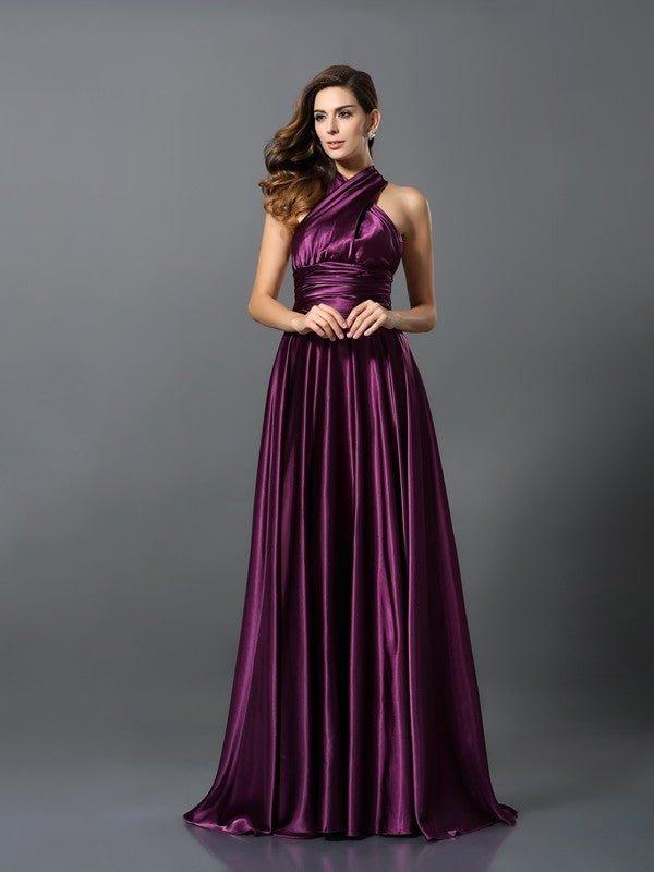 NumberSea - A - Line/Princess Pleats Sleeveless Long Silk like Satin Convertible Bridesmaid Dresses