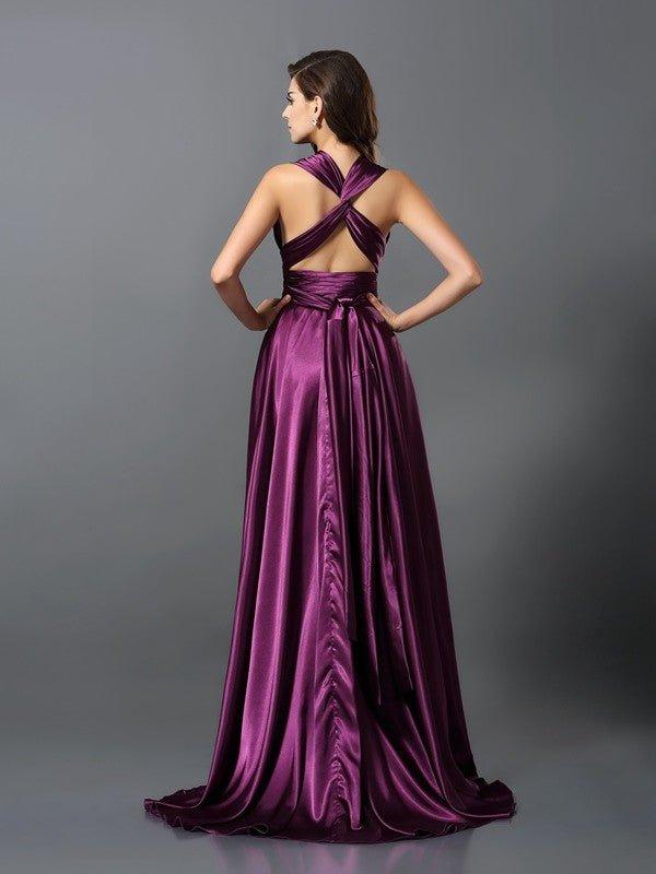 NumberSea - A - Line/Princess Pleats Sleeveless Long Silk like Satin Convertible Bridesmaid Dresses