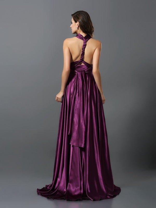 NumberSea - A - Line/Princess Pleats Sleeveless Long Silk like Satin Convertible Bridesmaid Dresses
