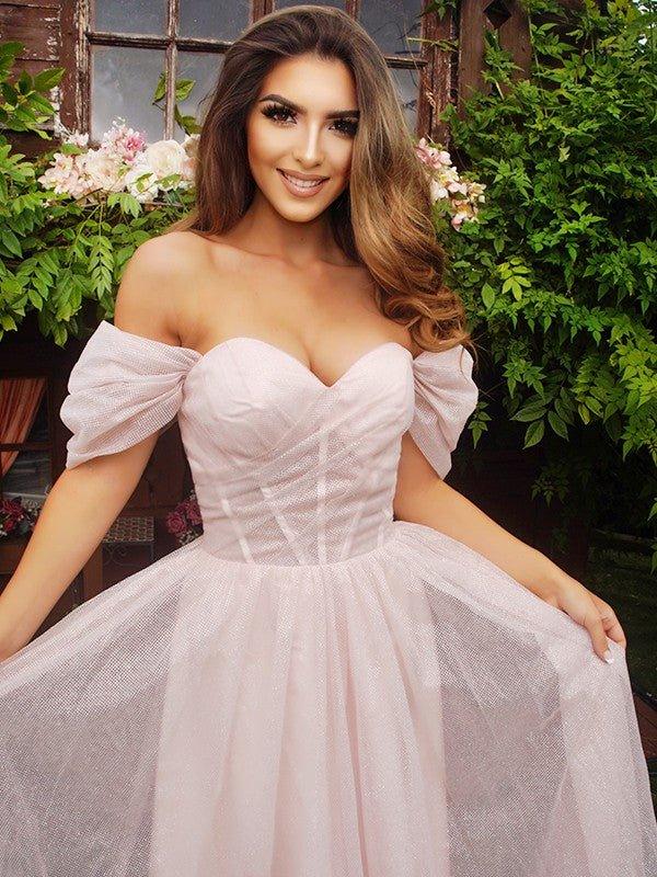 NumberSea - A - Line/Princess Ruched Off - the - Shoulder Short Sleeves Sweep/Brush Train Dresses