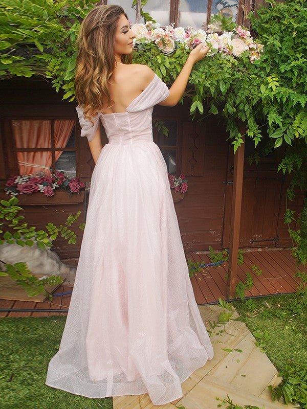 NumberSea - A - Line/Princess Ruched Off - the - Shoulder Short Sleeves Sweep/Brush Train Dresses