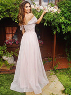 NumberSea - A - Line/Princess Ruched Off - the - Shoulder Short Sleeves Sweep/Brush Train Dresses
