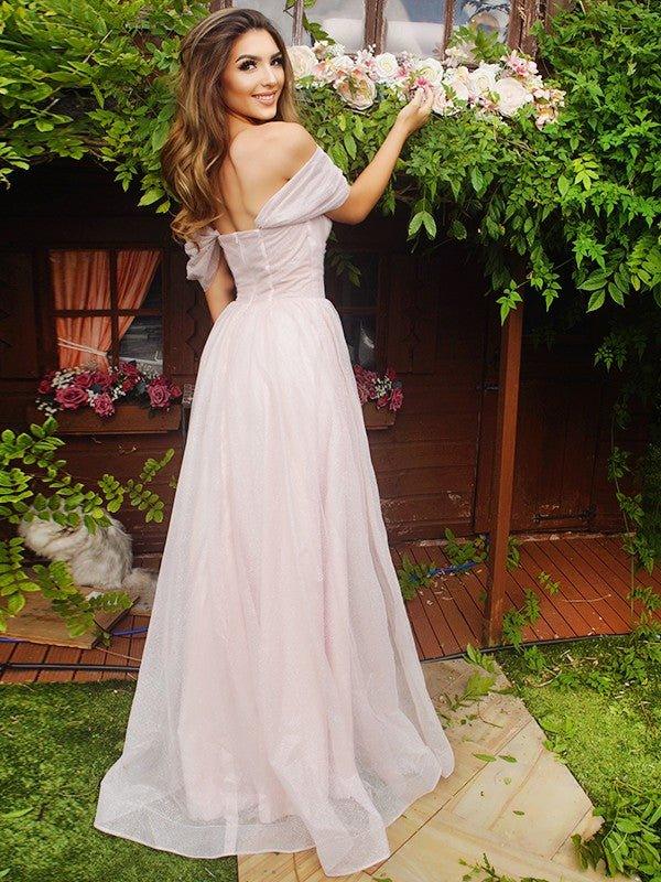 NumberSea - A - Line/Princess Ruched Off - the - Shoulder Short Sleeves Sweep/Brush Train Dresses
