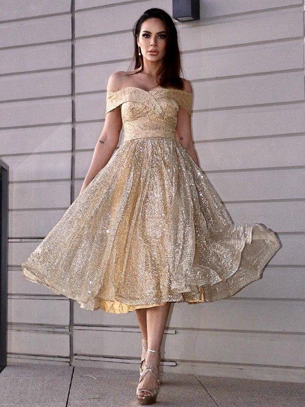 NumberSea - A - Line/Princess Ruched Off - the - Shoulder Sleeveless Tea - Length Homecoming Dresses