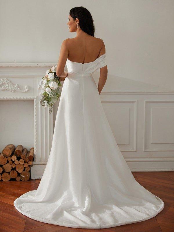 NumberSea - A - Line/Princess Ruched One - Shoulder Sleeveless Sweep/Brush Train Wedding Dresses
