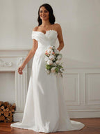 NumberSea - A - Line/Princess Ruched One - Shoulder Sleeveless Sweep/Brush Train Wedding Dresses