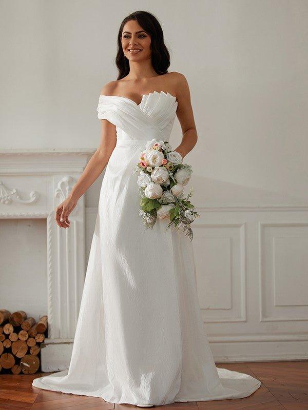 NumberSea - A - Line/Princess Ruched One - Shoulder Sleeveless Sweep/Brush Train Wedding Dresses