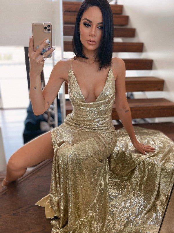 NumberSea - A - Line/Princess Ruched Sequins Sleeveless Halter Court Train Dresses