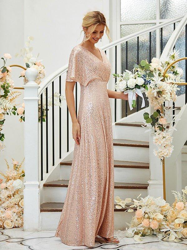 NumberSea - A - Line/Princess Ruched V - neck Short Sleeves Floor - Length Bridesmaid Dresses