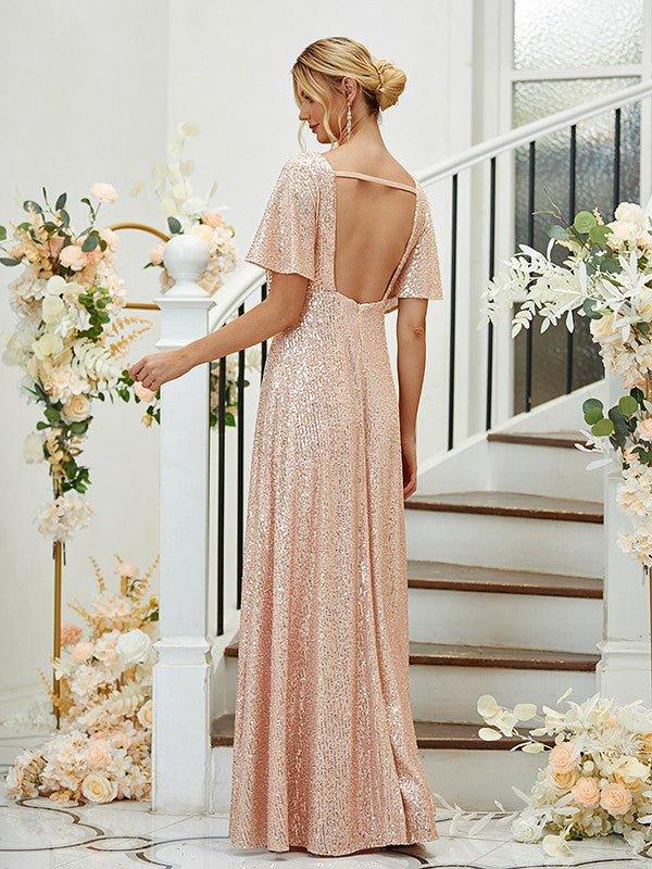 NumberSea - A - Line/Princess Ruched V - neck Short Sleeves Floor - Length Bridesmaid Dresses