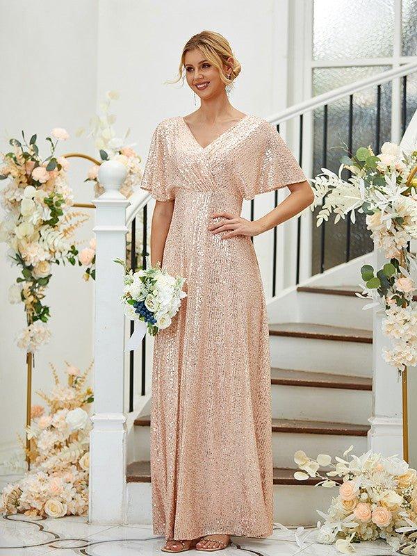 NumberSea - A - Line/Princess Ruched V - neck Short Sleeves Floor - Length Bridesmaid Dresses