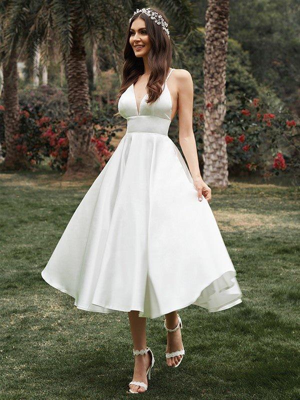 NumberSea - A - Line/Princess Ruffles V - neck Sleeveless Satin Tea - Length Wedding Dresses