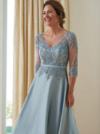 NumberSea - A - Line/Princess Satin Applique V - neck 3/4 Sleeves Floor - Length Mother of the Bride Dresses