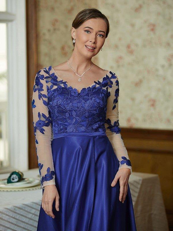 NumberSea - A - Line/Princess Satin Applique V - neck Long Sleeves Floor - Length Mother of the Bride Dresses