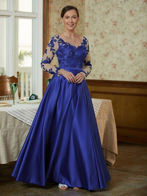 NumberSea - A - Line/Princess Satin Applique V - neck Long Sleeves Floor - Length Mother of the Bride Dresses