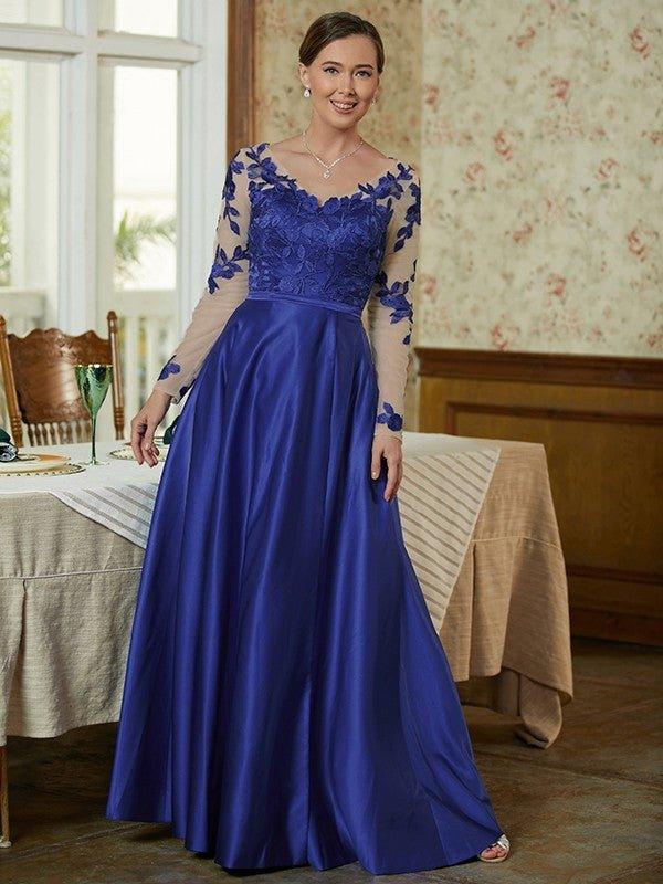 NumberSea - A - Line/Princess Satin Applique V - neck Long Sleeves Floor - Length Mother of the Bride Dresses