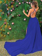 NumberSea - A - Line/Princess Satin Chiffon Ruffles Halter Sleeveless Sweep/Brush Train Dresses