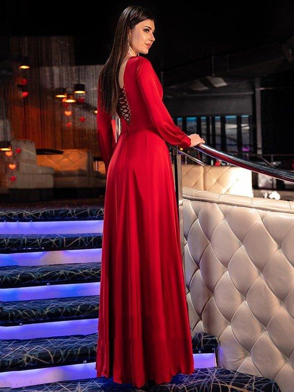 NumberSea - A - Line/Princess Satin Chiffon Ruffles V - neck Long Sleeves Floor - Length Dresses