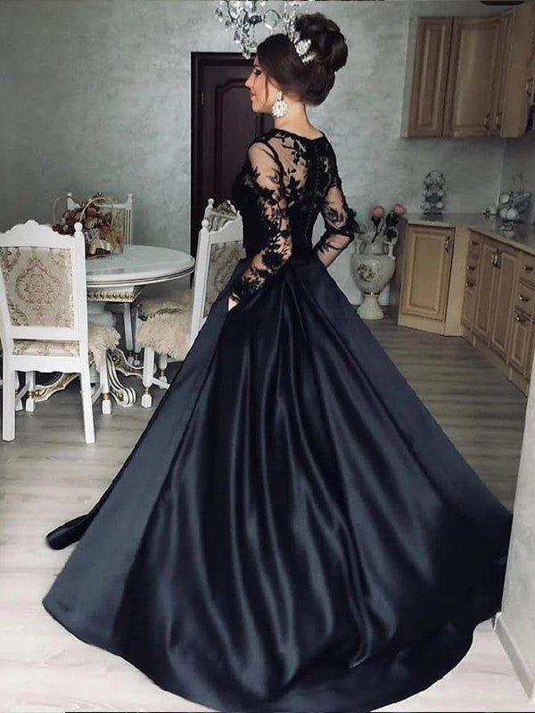 NumberSea - A - Line/Princess Satin Lace Bateau Long Sleeves Sweep/Brush Train Dresses