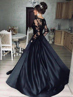 NumberSea - A - Line/Princess Satin Lace Bateau Long Sleeves Sweep/Brush Train Dresses