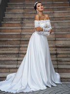 NumberSea - A - Line/Princess Satin Lace Off - the - Shoulder Long Sleeves Sweep/Brush Train Wedding Dresses