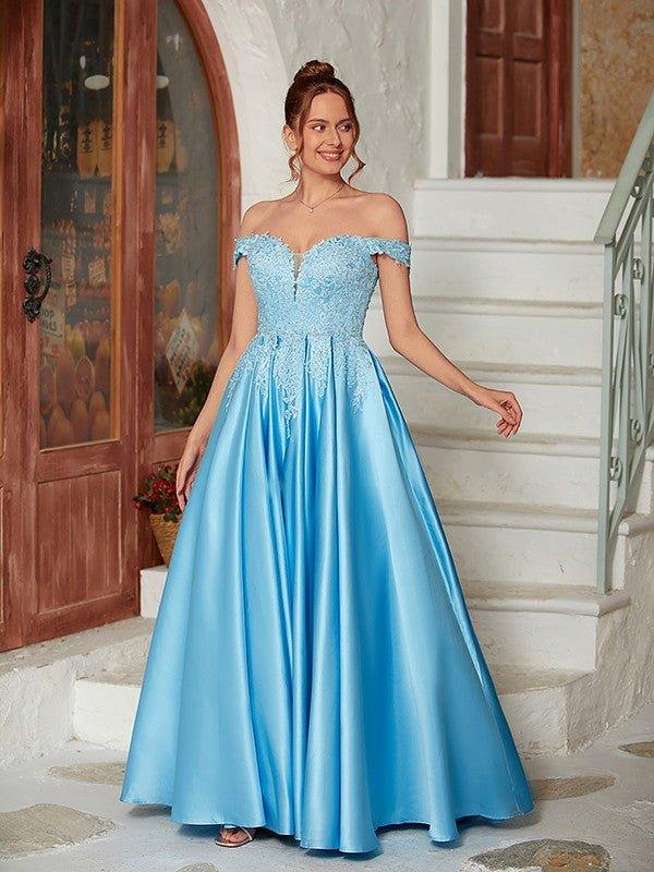 NumberSea - A - Line/Princess Satin Lace Off - the - Shoulder Sleeveless Floor - Length Dresses