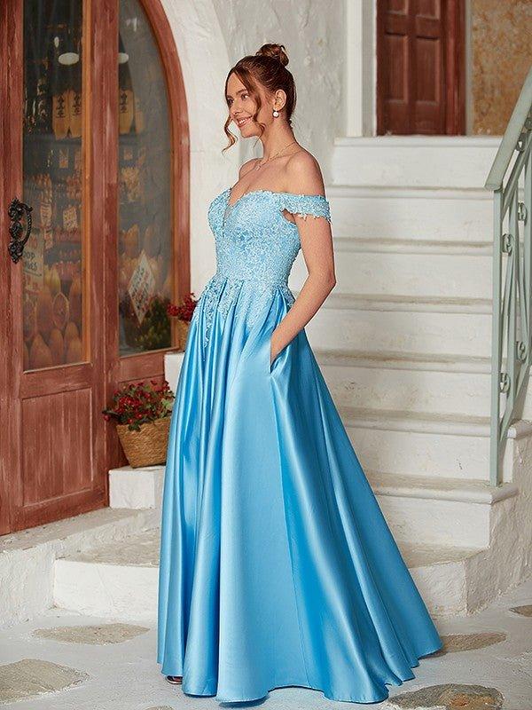 NumberSea - A - Line/Princess Satin Lace Off - the - Shoulder Sleeveless Floor - Length Dresses