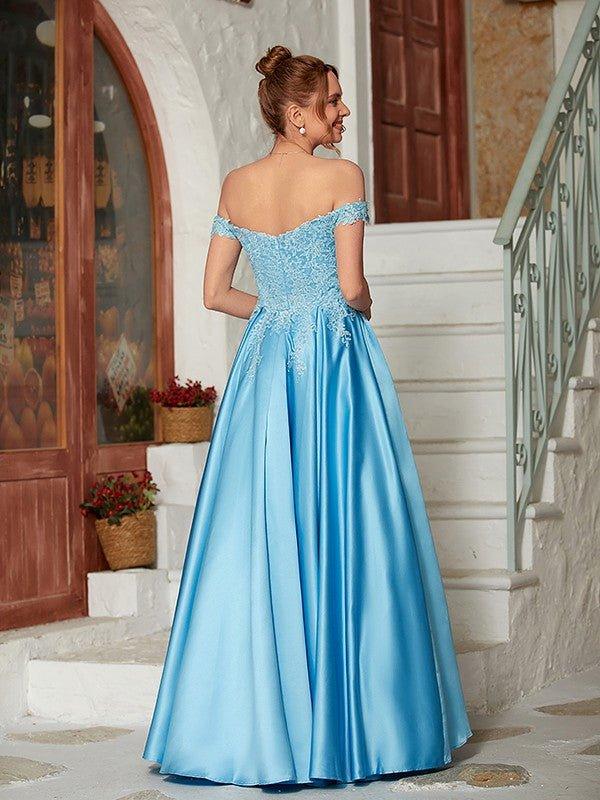 NumberSea - A - Line/Princess Satin Lace Off - the - Shoulder Sleeveless Floor - Length Dresses