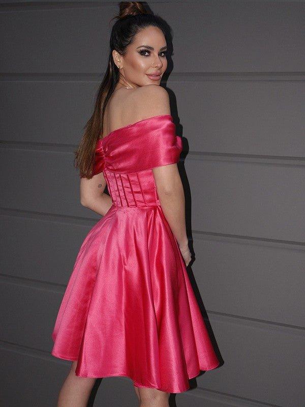 NumberSea - A - Line/Princess Satin Off - the - Shoulder Ruched Sleeveless Short/Mini Homecoming Dresses