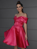 NumberSea - A - Line/Princess Satin Off - the - Shoulder Ruched Sleeveless Short/Mini Homecoming Dresses