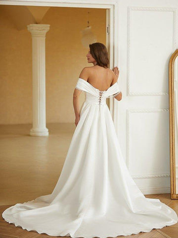 NumberSea - A - Line/Princess Satin Ruched Off - the - Shoulder Sleeveless Chapel Train Wedding Dresses