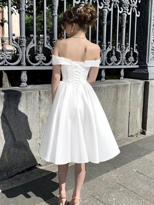NumberSea - A - Line/Princess Satin Ruched Off - the - Shoulder Sleeveless Knee - Length Wedding Dresses