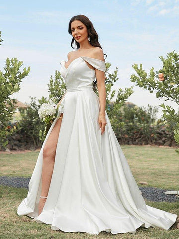 NumberSea - A - Line/Princess Satin Ruched Off - the - Shoulder Sleeveless Sweep/Brush Train Wedding Dresses