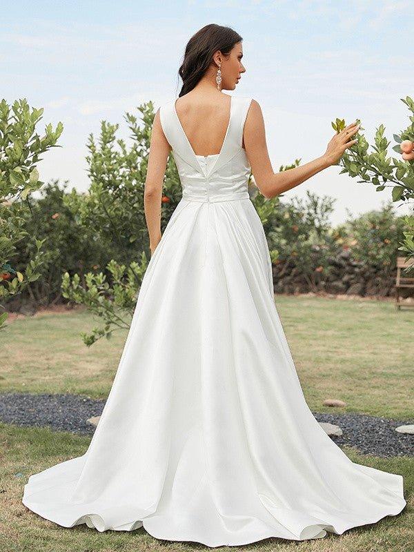 NumberSea - A - Line/Princess Satin Ruched Off - the - Shoulder Sleeveless Sweep/Brush Train Wedding Dresses