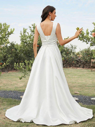 NumberSea - A - Line/Princess Satin Ruched Off - the - Shoulder Sleeveless Sweep/Brush Train Wedding Dresses