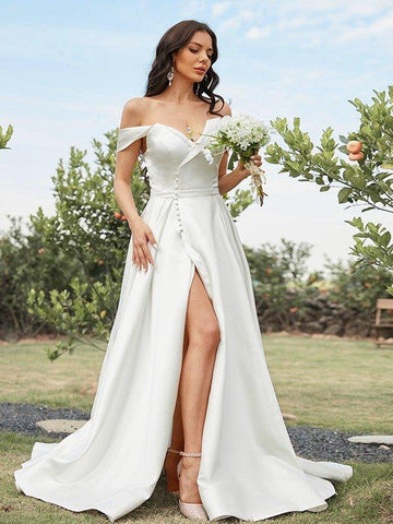 NumberSea - A - Line/Princess Satin Ruched Off - the - Shoulder Sleeveless Sweep/Brush Train Wedding Dresses