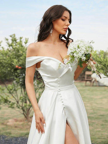 NumberSea - A - Line/Princess Satin Ruched Off - the - Shoulder Sleeveless Sweep/Brush Train Wedding Dresses