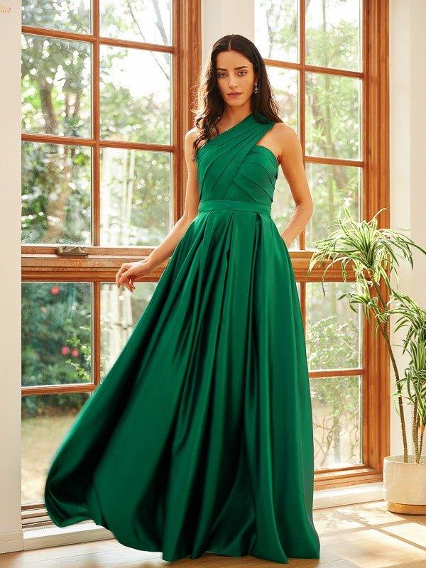 NumberSea - A - Line/Princess Satin Ruched One - Shoulder Sleeveless Floor - Length Dresses