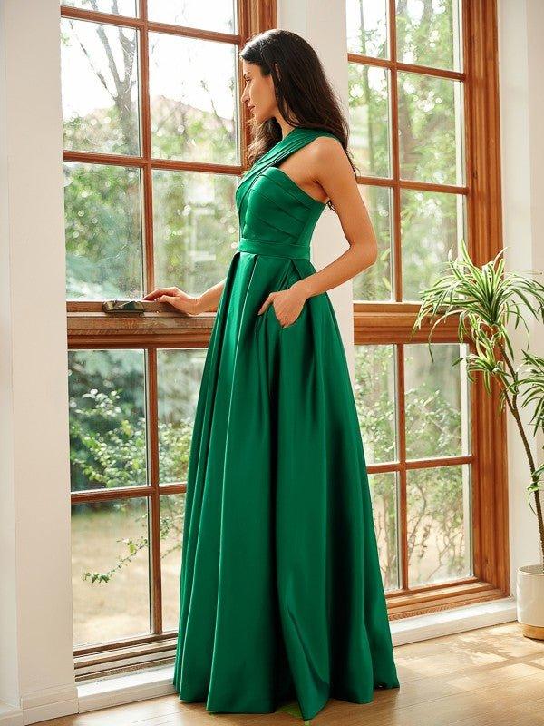 NumberSea - A - Line/Princess Satin Ruched One - Shoulder Sleeveless Floor - Length Dresses