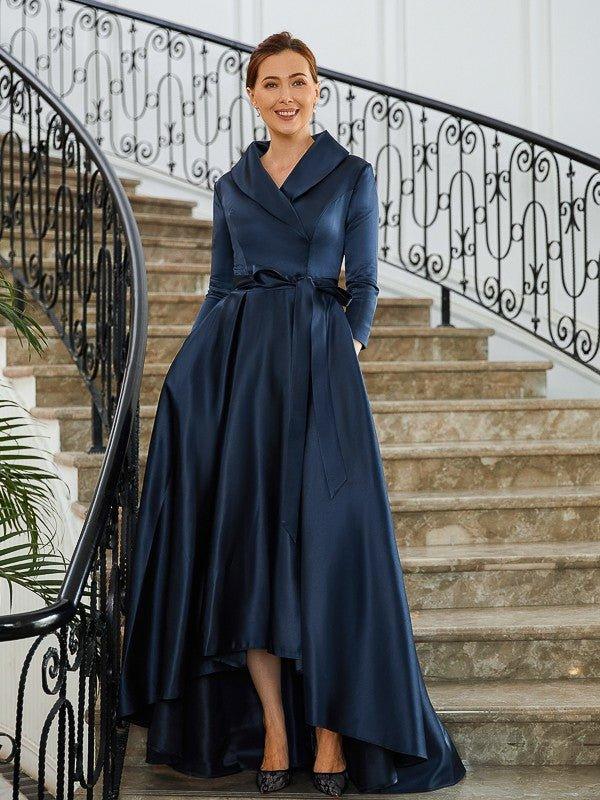 NumberSea-A-Line/Princess Satin Ruched V-neck Long Sleeves Asymmetrical Mother of the Bride Dresses US 4 / UK 8 / EU 34