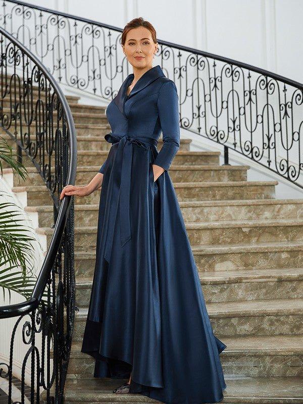 NumberSea - A - Line/Princess Satin Ruched V - neck Long Sleeves Asymmetrical Mother of the Bride Dresses