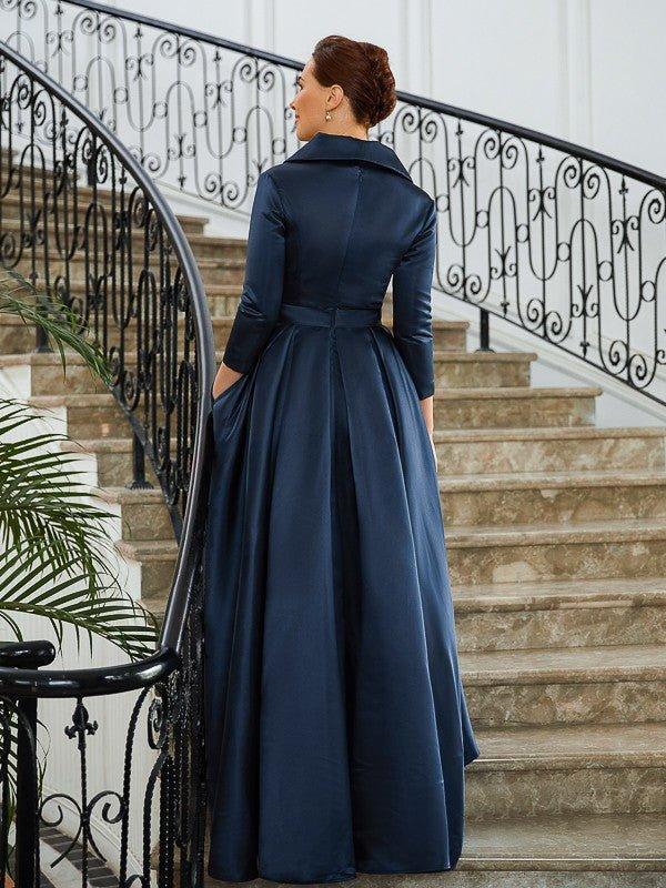 NumberSea - A - Line/Princess Satin Ruched V - neck Long Sleeves Asymmetrical Mother of the Bride Dresses