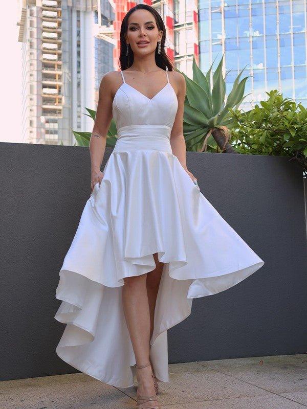 NumberSea - A - Line/Princess Satin Ruched V - neck Sleeveless Asymmetrical Wedding Dresses