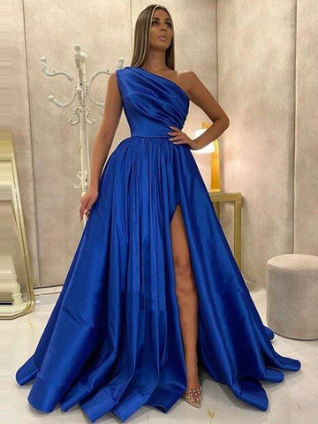 NumberSea - A - Line/Princess Satin Ruffles One - Shoulder Sleeveless Sweep/Brush Train Dresses