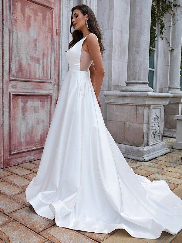 NumberSea - A - Line/Princess Satin Ruffles Scoop Sleeveless Sweep/Brush Train Wedding Dresses